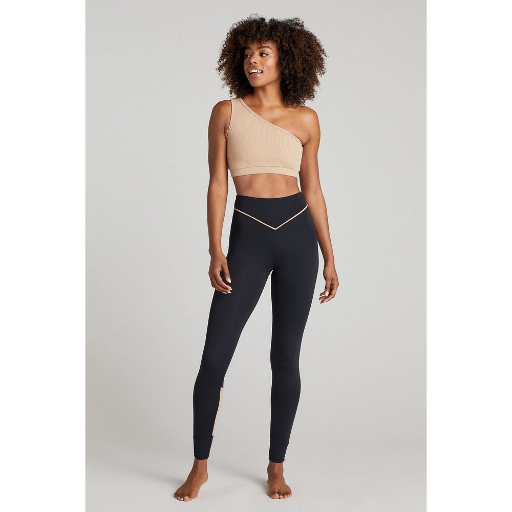 Strut This One Shoulder Crop Top and Legging Set Black Tan Athleisure One Size